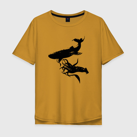 Мужская футболка хлопок Oversize с принтом Кит и Кальмар в Тюмени, 100% хлопок | свободный крой, круглый ворот, “спинка” длиннее передней части | деревья | дикие | дикий | животные | звери | лес | милые | природа | смешные