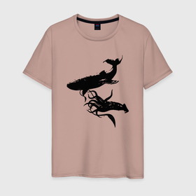 Мужская футболка хлопок с принтом Кит и Кальмар в Санкт-Петербурге, 100% хлопок | прямой крой, круглый вырез горловины, длина до линии бедер, слегка спущенное плечо. | деревья | дикие | дикий | животные | звери | лес | милые | природа | смешные