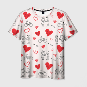 Мужская футболка 3D с принтом Романтические сердечки в Курске, 100% полиэфир | прямой крой, круглый вырез горловины, длина до линии бедер | Тематика изображения на принте: велосипед | девочка | любовь | люди | мальчик | пара | розовый | романтика | сердечки | сердца | узор