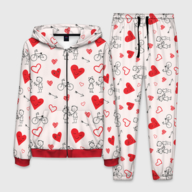 Мужской костюм 3D с принтом Романтические сердечки , 100% полиэстер | Манжеты и пояс оформлены тканевой резинкой, двухслойный капюшон со шнурком для регулировки, карманы спереди | велосипед | девочка | любовь | люди | мальчик | пара | розовый | романтика | сердечки | сердца | узор