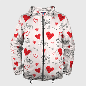 Мужская ветровка 3D с принтом Романтические сердечки в Екатеринбурге, 100% полиэстер | подол и капюшон оформлены резинкой с фиксаторами, два кармана без застежек по бокам, один потайной карман на груди | велосипед | девочка | любовь | люди | мальчик | пара | розовый | романтика | сердечки | сердца | узор