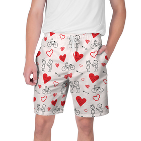 Мужские шорты 3D с принтом Романтические сердечки ,  полиэстер 100% | прямой крой, два кармана без застежек по бокам. Мягкая трикотажная резинка на поясе, внутри которой широкие завязки. Длина чуть выше колен | велосипед | девочка | любовь | люди | мальчик | пара | розовый | романтика | сердечки | сердца | узор