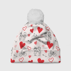 Шапка 3D c помпоном с принтом Романтические сердечки в Белгороде, 100% полиэстер | универсальный размер, печать по всей поверхности изделия | велосипед | девочка | любовь | люди | мальчик | пара | розовый | романтика | сердечки | сердца | узор