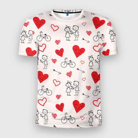 Мужская футболка 3D Slim с принтом Романтические сердечки в Курске, 100% полиэстер с улучшенными характеристиками | приталенный силуэт, круглая горловина, широкие плечи, сужается к линии бедра | велосипед | девочка | любовь | люди | мальчик | пара | розовый | романтика | сердечки | сердца | узор