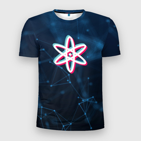 Мужская футболка 3D Slim с принтом Атомно молекулярный глитч в Курске, 100% полиэстер с улучшенными характеристиками | приталенный силуэт, круглая горловина, широкие плечи, сужается к линии бедра | atoms | glitches | атом | атомный глитч | глитч | днк | молекула | молекулы