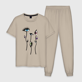 Мужская пижама хлопок с принтом Цветоглазки в Тюмени, 100% хлопок | брюки и футболка прямого кроя, без карманов, на брюках мягкая резинка на поясе и по низу штанин
 | Тематика изображения на принте: арт | ботаника | глаза | растения | фантазия | цветок | цветы