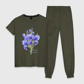 Женская пижама хлопок с принтом Фиолетовые ирисы в Петрозаводске, 100% хлопок | брюки и футболка прямого кроя, без карманов, на брюках мягкая резинка на поясе и по низу штанин | весенние цветы | весна | ирис | ирисы | фиолетовые ирисы | фиолетовые цветы | цветы