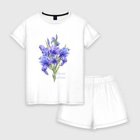 Женская пижама с шортиками хлопок с принтом Фиолетовые ирисы в Санкт-Петербурге, 100% хлопок | футболка прямого кроя, шорты свободные с широкой мягкой резинкой | весенние цветы | весна | ирис | ирисы | фиолетовые ирисы | фиолетовые цветы | цветы