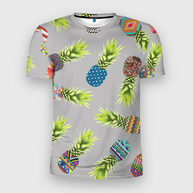 Мужская футболка 3D Slim с принтом Узорные ананасы в Санкт-Петербурге, 100% полиэстер с улучшенными характеристиками | приталенный силуэт, круглая горловина, широкие плечи, сужается к линии бедра | ананас | ананасы | арт | летний принт | лето | разные | рисунок | узор | узоры