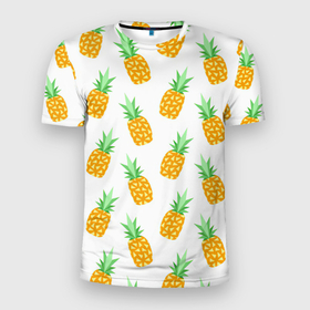 Мужская футболка 3D Slim с принтом Поле ананасов в Тюмени, 100% полиэстер с улучшенными характеристиками | приталенный силуэт, круглая горловина, широкие плечи, сужается к линии бедра | Тематика изображения на принте: ананас | ананасы | арт | летний принт | лето | рисунок