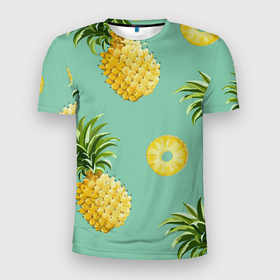 Мужская футболка 3D Slim с принтом Большие ананасы в Тюмени, 100% полиэстер с улучшенными характеристиками | приталенный силуэт, круглая горловина, широкие плечи, сужается к линии бедра | ананас | ананасы | арт | большие ананасы | большой принт | большой рисунок | крупный принт | крупный рисунок | летний принт | лето | рисунок