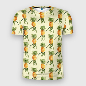 Мужская футболка 3D Slim с принтом Побеги ананасов в Кировске, 100% полиэстер с улучшенными характеристиками | приталенный силуэт, круглая горловина, широкие плечи, сужается к линии бедра | Тематика изображения на принте: ананас | ананасы | арт | летний принт | лето | рисунок