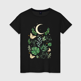 Женская футболка хлопок с принтом Луна грибы листья бабочки эзотерика мистика в Белгороде, 100% хлопок | прямой крой, круглый вырез горловины, длина до линии бедер, слегка спущенное плечо | бабочки | волшебство | грибы | листья | луна | магия | мистика | мистический | ночь | эзотерика | эзотерический