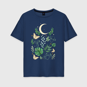 Женская футболка хлопок Oversize с принтом Луна грибы листья бабочки эзотерика мистика в Курске, 100% хлопок | свободный крой, круглый ворот, спущенный рукав, длина до линии бедер
 | бабочки | волшебство | грибы | листья | луна | магия | мистика | мистический | ночь | эзотерика | эзотерический
