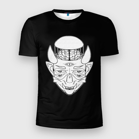 Мужская футболка 3D Slim с принтом Пятиглазый монстр в Новосибирске, 100% полиэстер с улучшенными характеристиками | приталенный силуэт, круглая горловина, широкие плечи, сужается к линии бедра | brain | brains | demon | eye | eyes | fangs | five eyed | ghoul | horns | mask | monster | nosferatu | third | vampire | вампир | глаз | глаза | гуль | демон | клыки | маска | мозг | мозги | монстр | носферату | пятиглазый | рога | третий | чудище | чудов