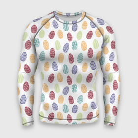 Мужской рашгард 3D с принтом Пасхальные яйца. Паттерн на белом фоне в Курске,  |  | easter | абстрактный | белый | бирюзовый | бордовый | дудл стиль | оранжевый | пасха | приглушенные тона | синий | узор | яйцо