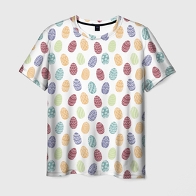 Мужская футболка 3D с принтом Пасхальные яйца. Паттерн на белом фоне в Санкт-Петербурге, 100% полиэфир | прямой крой, круглый вырез горловины, длина до линии бедер | easter | абстрактный | белый | бирюзовый | бордовый | дудл стиль | оранжевый | пасха | приглушенные тона | синий | узор | яйцо