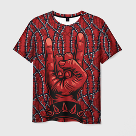 Мужская футболка 3D с принтом Рок н ролл рулит в Петрозаводске, 100% полиэфир | прямой крой, круглый вырез горловины, длина до линии бедер | колючка | музыка | проволока | рок н рол | рука