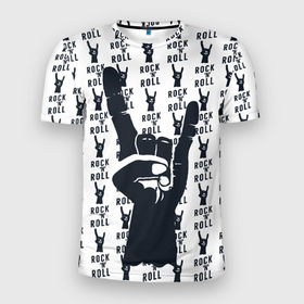 Мужская футболка 3D Slim с принтом Рок н ролл жив в Курске, 100% полиэстер с улучшенными характеристиками | приталенный силуэт, круглая горловина, широкие плечи, сужается к линии бедра | rock and roll | музыка | паттерн | рок н ролл | рука | символ