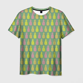 Мужская футболка 3D с принтом Шествие ананасов , 100% полиэфир | прямой крой, круглый вырез горловины, длина до линии бедер | Тематика изображения на принте: ананас | ананасы | арт | летний принт | лето | маленький принт | маленький рисунок | мелкий принт | мелкий рисунок | много ананасов | рисунок