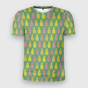 Мужская футболка 3D Slim с принтом Шествие ананасов в Санкт-Петербурге, 100% полиэстер с улучшенными характеристиками | приталенный силуэт, круглая горловина, широкие плечи, сужается к линии бедра | ананас | ананасы | арт | летний принт | лето | маленький принт | маленький рисунок | мелкий принт | мелкий рисунок | много ананасов | рисунок