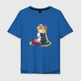 Мужская футболка хлопок Oversize с принтом Crazy Moon Cat в Новосибирске, 100% хлопок | свободный крой, круглый ворот, “спинка” длиннее передней части | anime | cute | sailor moon | аниме | киса | кот | котенок | котики | котэ | кошка | лапочка | луна | любовь | маленький | месяц | милый | мимими | обнимашки | ребенок | сейлор мун | супергерой | япония