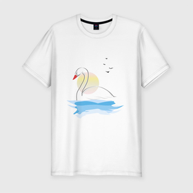 Мужская футболка хлопок Slim с принтом Лебедь на пруду , 92% хлопок, 8% лайкра | приталенный силуэт, круглый вырез ворота, длина до линии бедра, короткий рукав | акварель | вода | краски | лебедь | лето | парк | пейзаж | природа | птица | романтика | эко