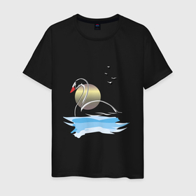 Мужская футболка хлопок с принтом Лебедь на пруду , 100% хлопок | прямой крой, круглый вырез горловины, длина до линии бедер, слегка спущенное плечо. | акварель | вода | краски | лебедь | лето | парк | пейзаж | природа | птица | романтика | эко
