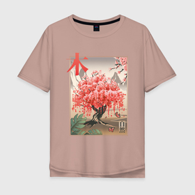 Мужская футболка хлопок Oversize с принтом Цветущая Сакура Япония. в Новосибирске, 100% хлопок | свободный крой, круглый ворот, “спинка” длиннее передней части | flower | japan | sakura | tree | восток | горы | дерево | иероглиф | красота | лепестки | сакура | туризм | цветы | япония