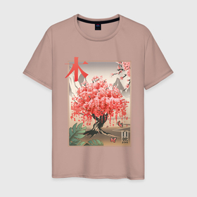 Мужская футболка хлопок с принтом Цветущая Сакура Япония. в Белгороде, 100% хлопок | прямой крой, круглый вырез горловины, длина до линии бедер, слегка спущенное плечо. | flower | japan | sakura | tree | восток | горы | дерево | иероглиф | красота | лепестки | сакура | туризм | цветы | япония