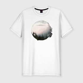 Мужская футболка хлопок Slim с принтом UFO in the Forest в Курске, 92% хлопок, 8% лайкра | приталенный силуэт, круглый вырез ворота, длина до линии бедра, короткий рукав | инопланетяне | инопланетянин | монстр | нло | пришельцы | существо | ужасы | фантастика | чужие | чужой