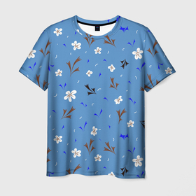 Мужская футболка 3D с принтом Цветочки мелкие в Новосибирске, 100% полиэфир | прямой крой, круглый вырез горловины, длина до линии бедер | Тематика изображения на принте: лето | листики | листья | мелкие | паттерн | растения | синий | узор | цветочки | цветы
