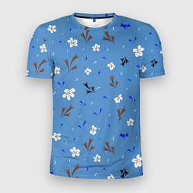Мужская футболка 3D Slim с принтом Цветочки мелкие в Новосибирске, 100% полиэстер с улучшенными характеристиками | приталенный силуэт, круглая горловина, широкие плечи, сужается к линии бедра | Тематика изображения на принте: лето | листики | листья | мелкие | паттерн | растения | синий | узор | цветочки | цветы