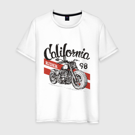 Мужская футболка хлопок с принтом California Rider   Motorcycle Races в Санкт-Петербурге, 100% хлопок | прямой крой, круглый вырез горловины, длина до линии бедер, слегка спущенное плечо. | california | engine | motorcycle | rider | wheels | калифорния | колёса | мотор | мотоцикл