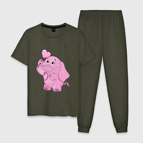 Мужская пижама хлопок с принтом Розовый слонёнок в Новосибирске, 100% хлопок | брюки и футболка прямого кроя, без карманов, на брюках мягкая резинка на поясе и по низу штанин
 | elephant | арт | иллюстрация | мультяшка | сердце