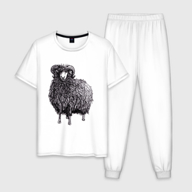 Мужская пижама хлопок с принтом Чернильный баран в Санкт-Петербурге, 100% хлопок | брюки и футболка прямого кроя, без карманов, на брюках мягкая резинка на поясе и по низу штанин
 | Тематика изображения на принте: баран | барашек | барашки | животные | овечка | овца | скот | чернила
