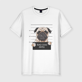 Мужская футболка хлопок Slim с принтом Мопс bad dog в Тюмени, 92% хлопок, 8% лайкра | приталенный силуэт, круглый вырез ворота, длина до линии бедра, короткий рукав | bad | dog | за решёткой | мопс