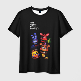 Мужская футболка 3D с принтом Five Nights at Freddys   персонажи в Санкт-Петербурге, 100% полиэфир | прямой крой, круглый вырез горловины, длина до линии бедер | 5 ночей с фредди | five nights at freddys | foxy | аниматроники | игра | компьютерная игра | фокси | фредди | фреди | чика