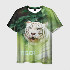 Мужская футболка 3D с принтом Белый тигр в зеленых джунглях , 100% полиэфир | прямой крой, круглый вырез горловины, длина до линии бедер | альбинос | белый | белый тигр | год тигра | гороскоп | животное | зверь | охота | природа | тигр | хищник