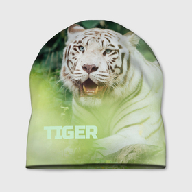 Шапка 3D с принтом Белый тигр в зеленых джунглях в Петрозаводске, 100% полиэстер | универсальный размер, печать по всей поверхности изделия | альбинос | белый | белый тигр | год тигра | гороскоп | животное | зверь | охота | природа | тигр | хищник