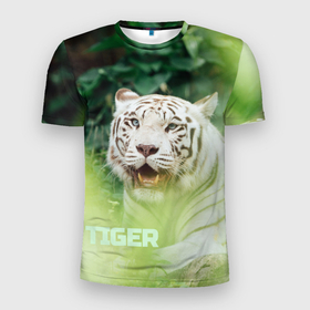 Мужская футболка 3D Slim с принтом Белый тигр в зеленых джунглях в Екатеринбурге, 100% полиэстер с улучшенными характеристиками | приталенный силуэт, круглая горловина, широкие плечи, сужается к линии бедра | альбинос | белый | белый тигр | год тигра | гороскоп | животное | зверь | охота | природа | тигр | хищник
