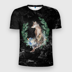 Мужская футболка 3D Slim с принтом Снежный  волк в Белгороде, 100% полиэстер с улучшенными характеристиками | приталенный силуэт, круглая горловина, широкие плечи, сужается к линии бедра | волк | волки | волчица | елка | ель | зима | снег