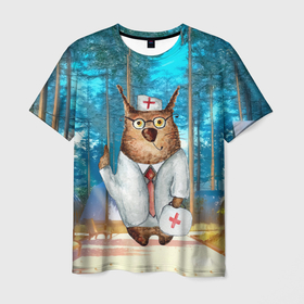 Мужская футболка 3D с принтом Врач   сова в Санкт-Петербурге, 100% полиэфир | прямой крой, круглый вырез горловины, длина до линии бедер | врач | врачиха | доктор | медицина | скорая помощь | сова | совы