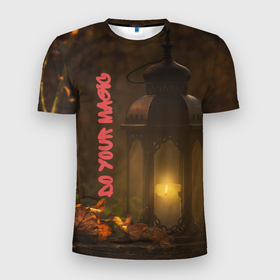 Мужская футболка 3D Slim с принтом Магическая свеча в Екатеринбурге, 100% полиэстер с улучшенными характеристиками | приталенный силуэт, круглая горловина, широкие плечи, сужается к линии бедра | ведун | ведьма | волшебник | волшебство | колдовство | колдун | лес | маг | магия | ночь | огонь | пламя | ритуал | свеча | тайна | фонарь | эзотерика