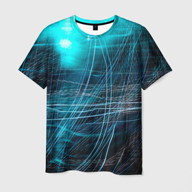 Мужская футболка 3D с принтом Тонкая голубая линия в Санкт-Петербурге, 100% полиэфир | прямой крой, круглый вырез горловины, длина до линии бедер | абстрактное | абстракция | бесконечность | волшебство | вселенная | вспышка | галактика | графика | зигзаг | космос | линия | луч | магия | неон | полоса | полосы | свет | сияние | туман | узор