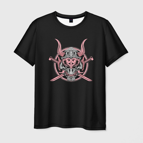 Мужская футболка 3D с принтом Розовый Демон Самурай в Тюмени, 100% полиэфир | прямой крой, круглый вырез горловины, длина до линии бедер | Тематика изображения на принте: black | demon | devil | eclipse | fangs | halo | horns | katana | mask | ninja | oni | pink | samurai | sun | sunset | гало | демон | демона | дьявол | дьявола | закат | затмение | катана | катаны | клыки | маска | ниндзя | они | рога | розовый | самурай 