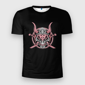 Мужская футболка 3D Slim с принтом Розовый Демон Самурай в Белгороде, 100% полиэстер с улучшенными характеристиками | приталенный силуэт, круглая горловина, широкие плечи, сужается к линии бедра | Тематика изображения на принте: black | demon | devil | eclipse | fangs | halo | horns | katana | mask | ninja | oni | pink | samurai | sun | sunset | гало | демон | демона | дьявол | дьявола | закат | затмение | катана | катаны | клыки | маска | ниндзя | они | рога | розовый | самурай 