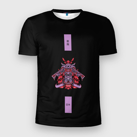 Мужская футболка 3D Slim с принтом Тотем Демона Они в Белгороде, 100% полиэстер с улучшенными характеристиками | приталенный силуэт, круглая горловина, широкие плечи, сужается к линии бедра | bat | black | demon | devil | helmet | hieroglyphs | mask | mouse | oni | owl | pink | red | samurai | scarlet | totem | алый | демон | дьявол | иероглифы | красный | летучая | маска | мышь | они | розовый | самурайская | самурайский | сова | тотем | черн