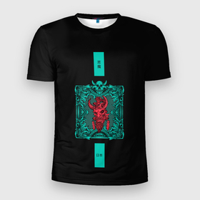 Мужская футболка 3D Slim с принтом Красный Демон с Свитком в Новосибирске, 100% полиэстер с улучшенными характеристиками | приталенный силуэт, круглая горловина, широкие плечи, сужается к линии бедра | Тематика изображения на принте: bat | beard | demon | devil | fangs | green | hieroglyphs | horns | mouse | oni | red | scarlet | scroll | skull | snake | with | алый | борода | демон | дьявол | зеленый | змея | иероглифы | клыки | красный | летучая | мышь | они | рога | с | свитком | с