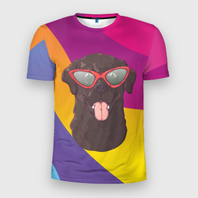 Мужская футболка 3D Slim с принтом Пес  в  солнечных очках в Санкт-Петербурге, 100% полиэстер с улучшенными характеристиками | приталенный силуэт, круглая горловина, широкие плечи, сужается к линии бедра | пес | пес в очках | песик | собака | собачка | щенок